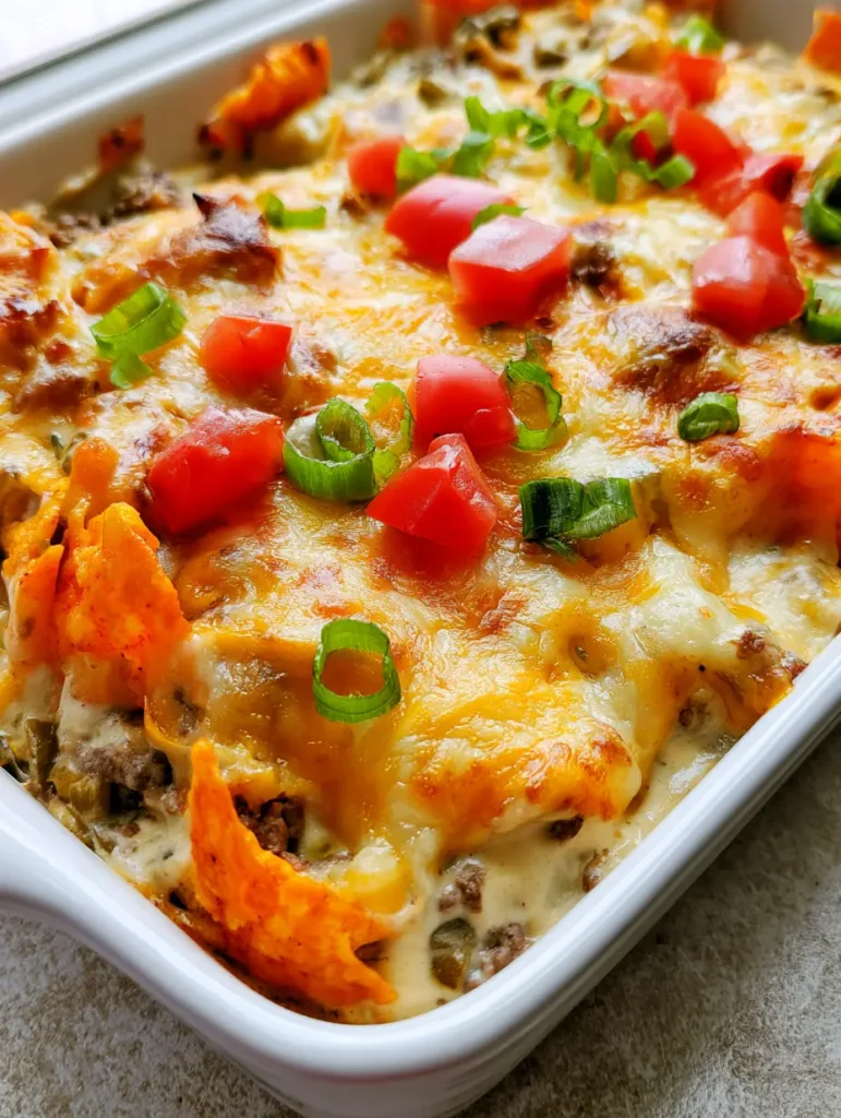 Detailed close-up showing shards of orange nacho cheese chips peeking through melted cheddar and green chiles. (Mexican White Trash Casserole)
