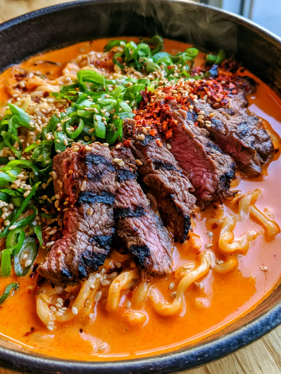 Top-down view of a dark ceramic bowl filled with Creamy Korean Beef Ramen, showing wavy noodles and spicy orange broth.