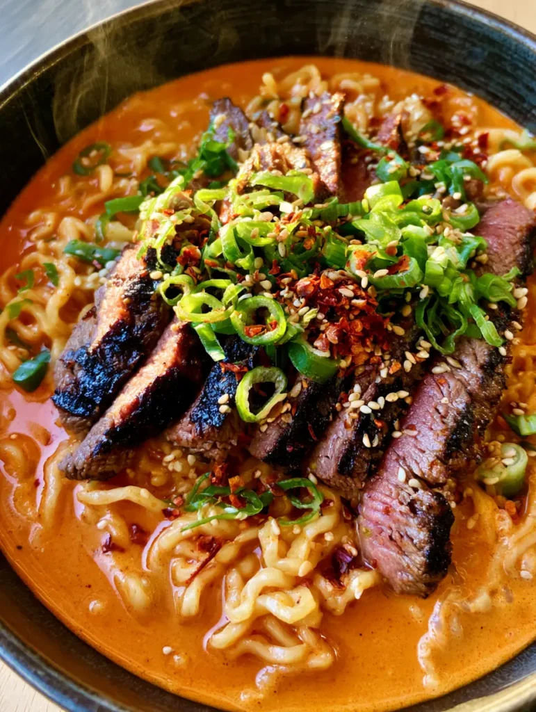 A close-up of the seared beef strips with grill marks atop the Creamy Korean Beef Ramen.