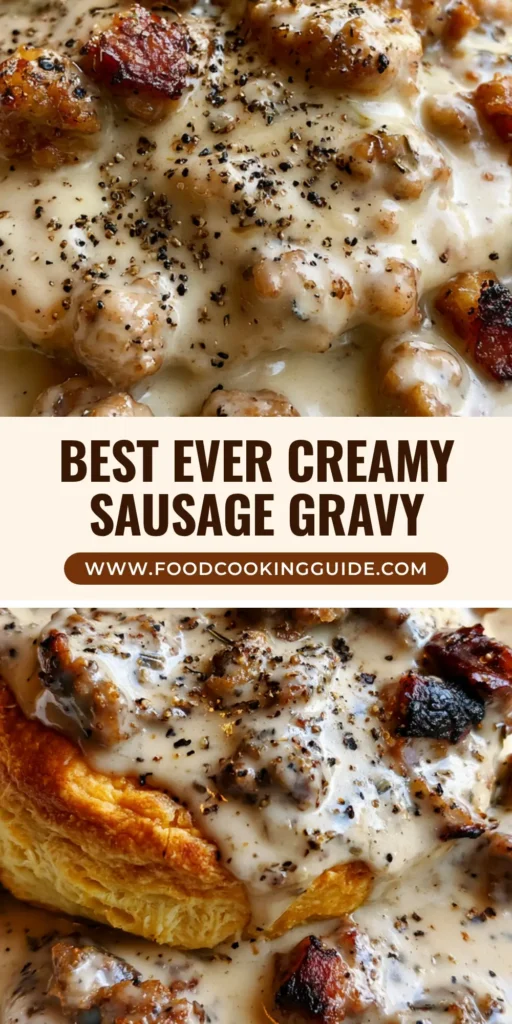 A split golden-brown flaky buttermilk biscuit smothered in thick ivory cream sausage gravy with charred pork crumbles and black pepper. (Sausage Gravy)