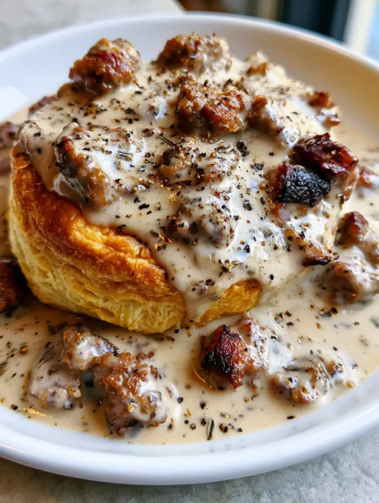 Close-up of thick ivory sausage gravy flecked with black pepper and rosemary on a golden biscuit. (Sausage Gravy)