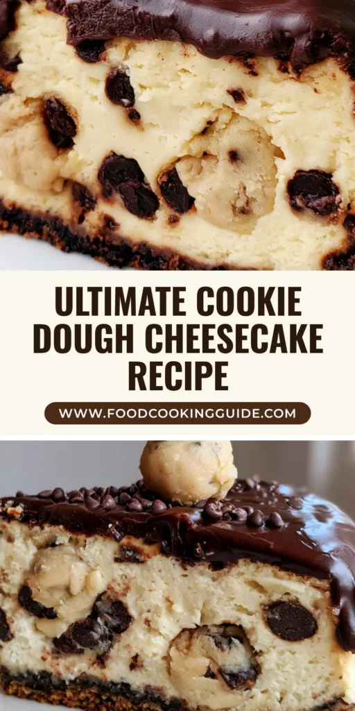 A thick slice of Cookie Dough Cheesecake with a dark chocolate ganache drip and a raw cookie dough garnish on a white plate.