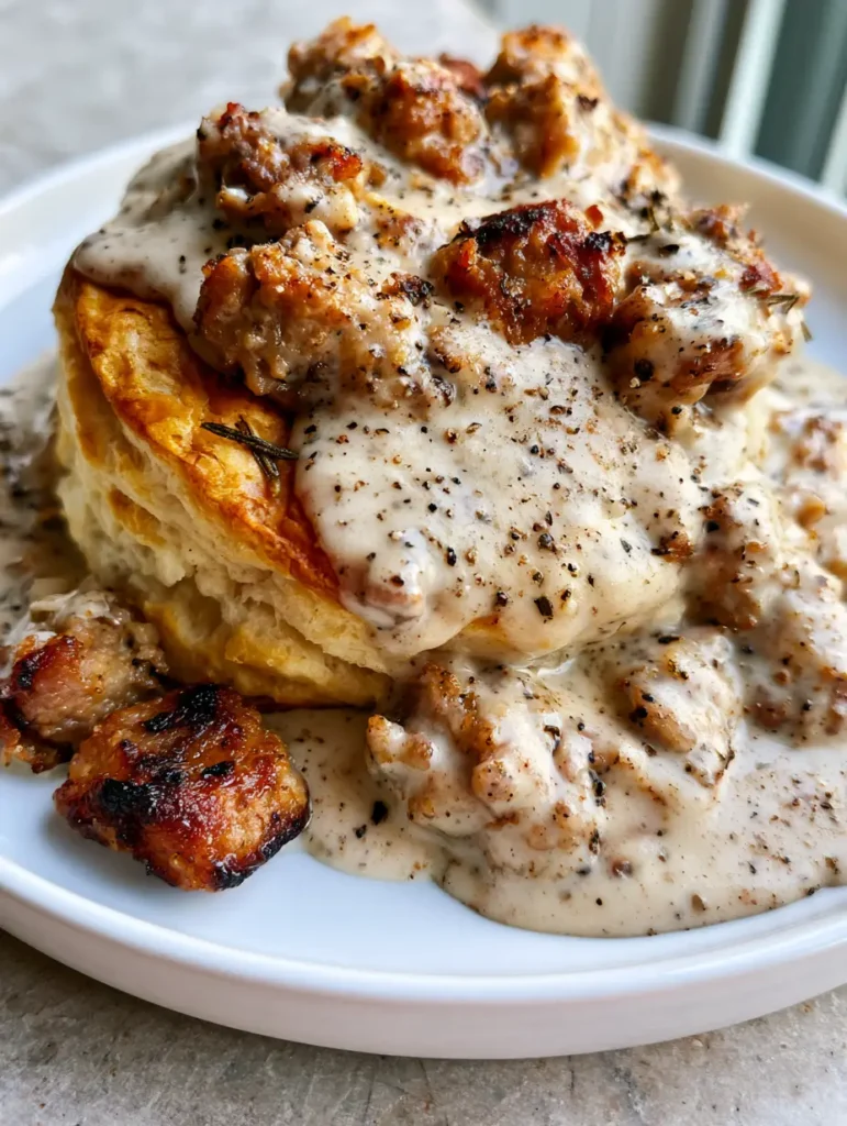 Rustic plating of Sausage Gravy on a stone surface with natural window light.