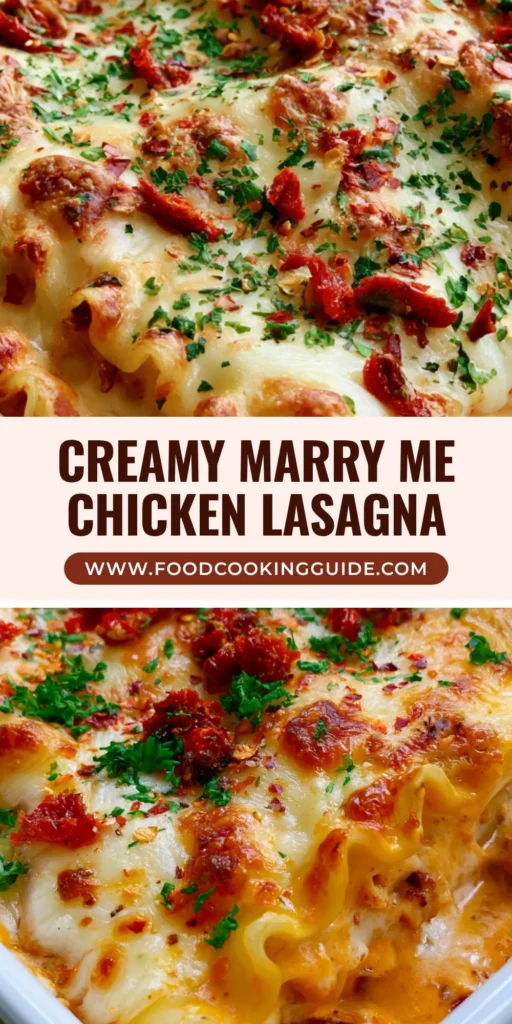 A close-up high-angle view of bubbling Marry Me Chicken Lasagna in a white dish with toasted cheese and red pepper flakes.