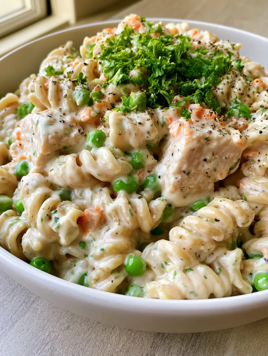 Creamy Chicken Pasta Salad With Rotini and Fresh Herbs 4 Top-down view of Creamy Chicken Pasta Salad in a white bowl showing glossy dressing and herb specks.