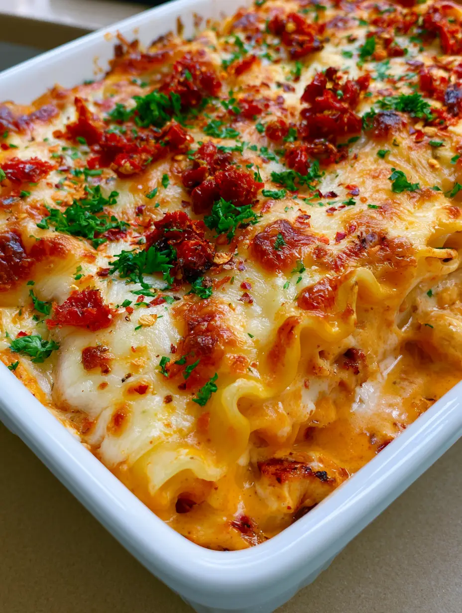 Close-up of seared chicken and orange-hued cream sauce inside Marry Me Chicken Lasagna layers.