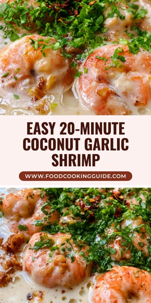 A black cast iron skillet filled with pink seared jumbo shrimp in a thick white coconut garlic sauce, topped with cilantro and chili flakes. (Creamy Coconut Garlic Shrimp)