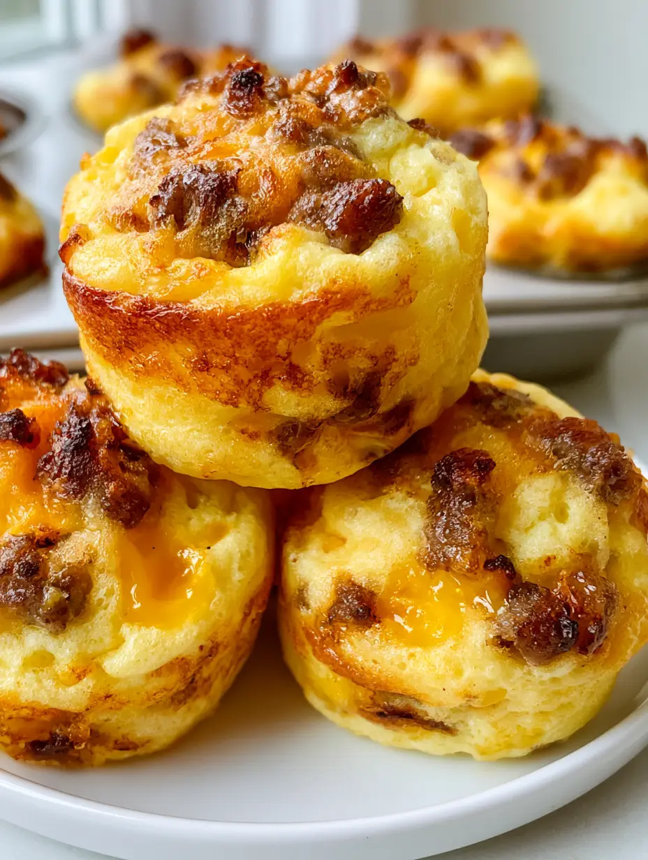 Close-up of golden brown mini Sausage Pancake Muffins in a metal tin with visible sausage and glistening glaze.