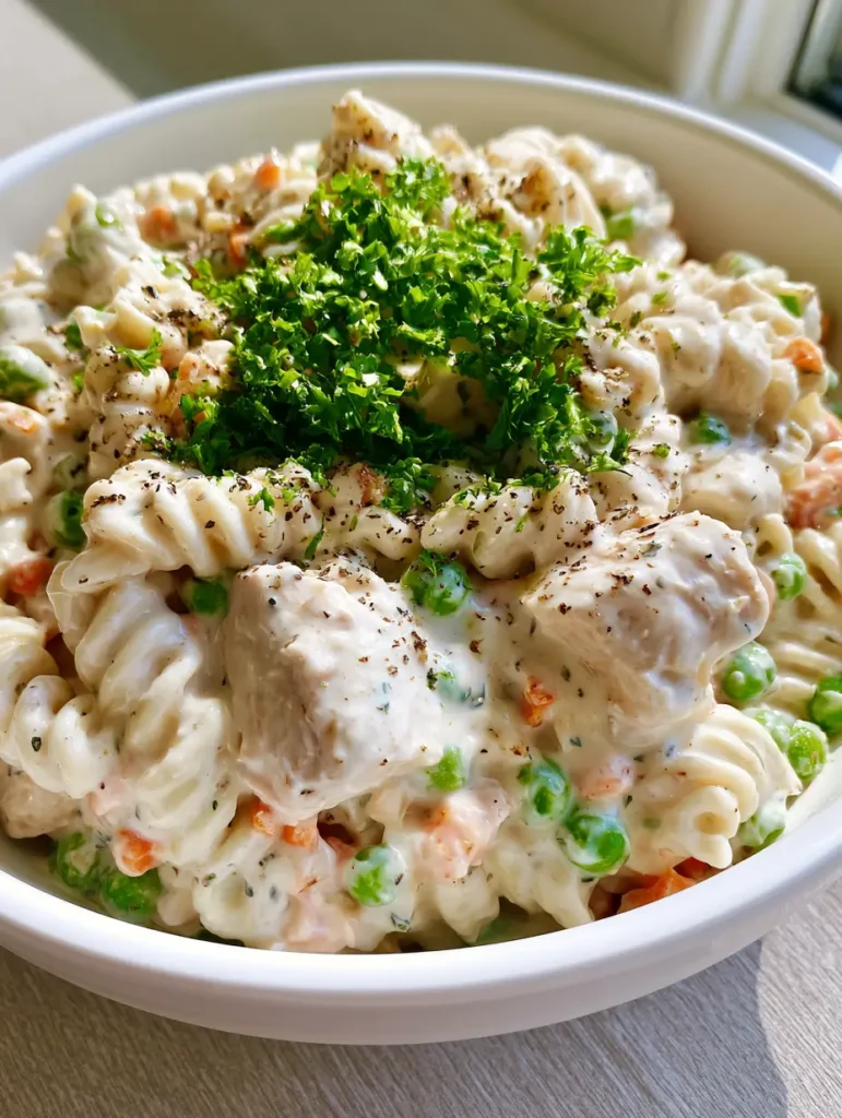 Creamy Chicken Pasta Salad With Rotini and Fresh Herbs 1 Close up of rotini spirals coated in herb-flecked white dressing with bright orange carrots and green peas.
