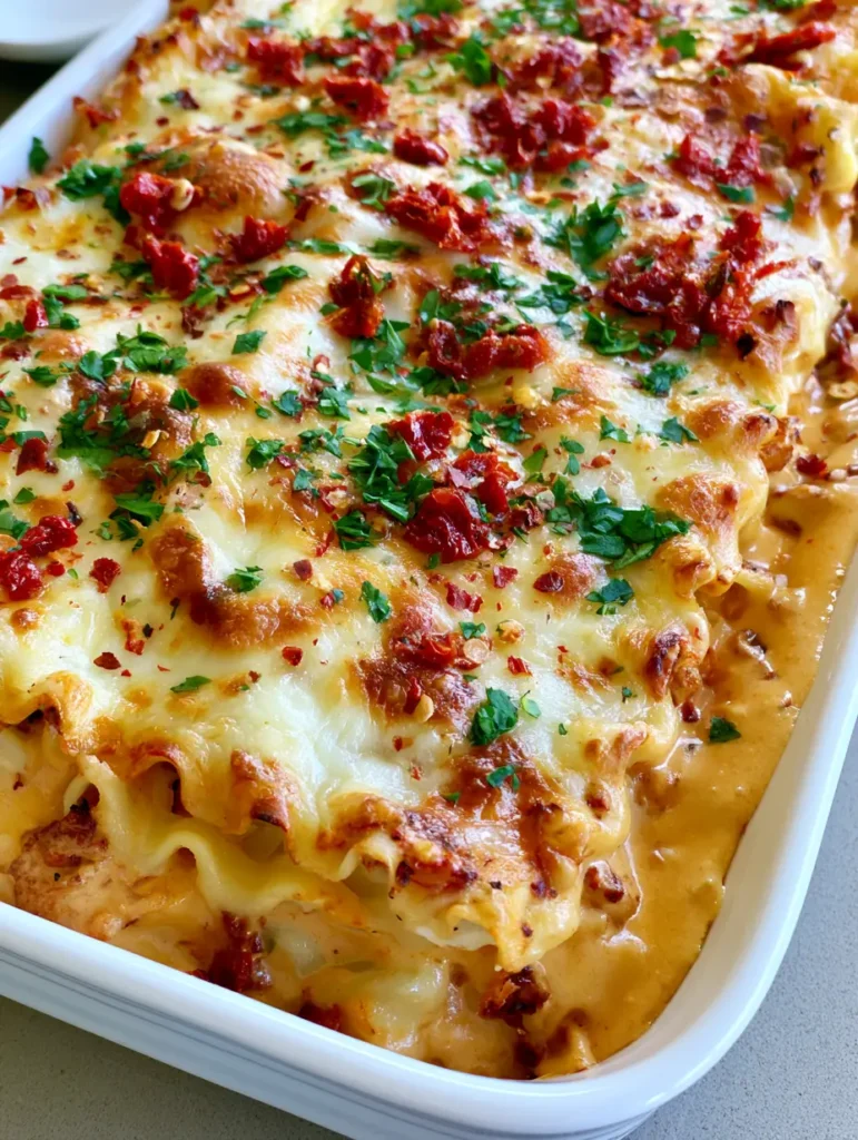 High-angle view of the golden-brown mozzarella crust on a Marry Me Chicken Lasagna.