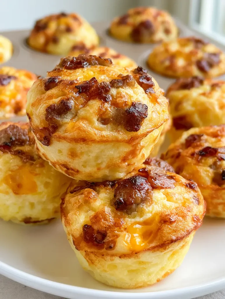Handheld smartphone style photo of Sausage Pancake Muffins showing fluffy texture and melted cheese pockets.