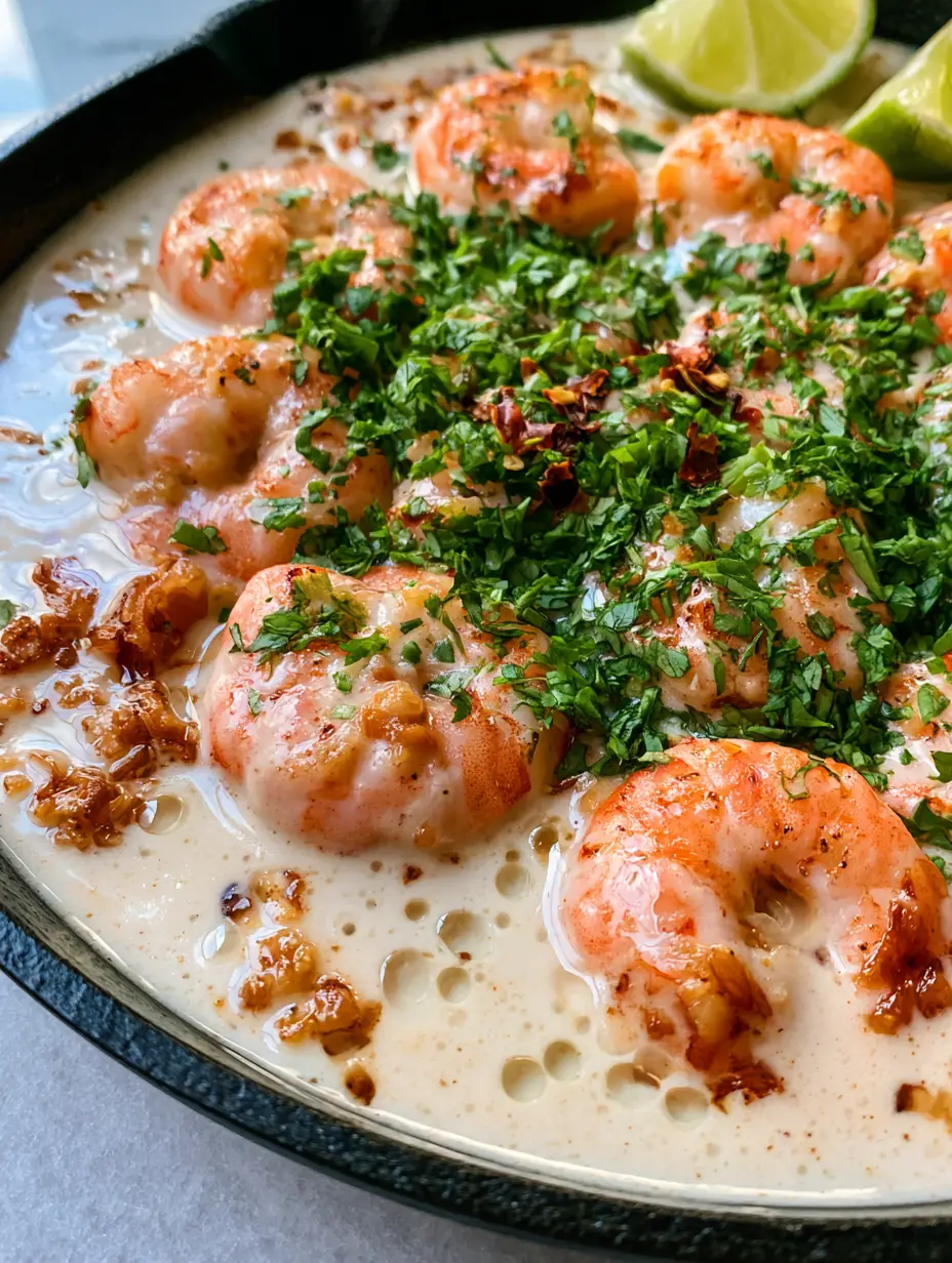 Overhead view of Creamy Coconut Garlic Shrimp showing the glossy opaque sauce and golden garlic bits. (Creamy Coconut Garlic Shrimp)