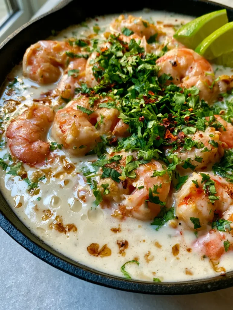 Close-up of seared jumbo shrimp nestled in a thick, creamy white garlic sauce with lime wedges. (Creamy Coconut Garlic Shrimp)