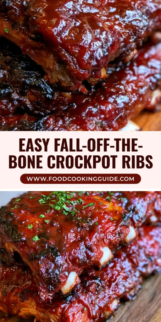 A stack of tender Slow Cooker BBQ Ribs with dark mahogany glaze and fresh parsley on a wooden board.