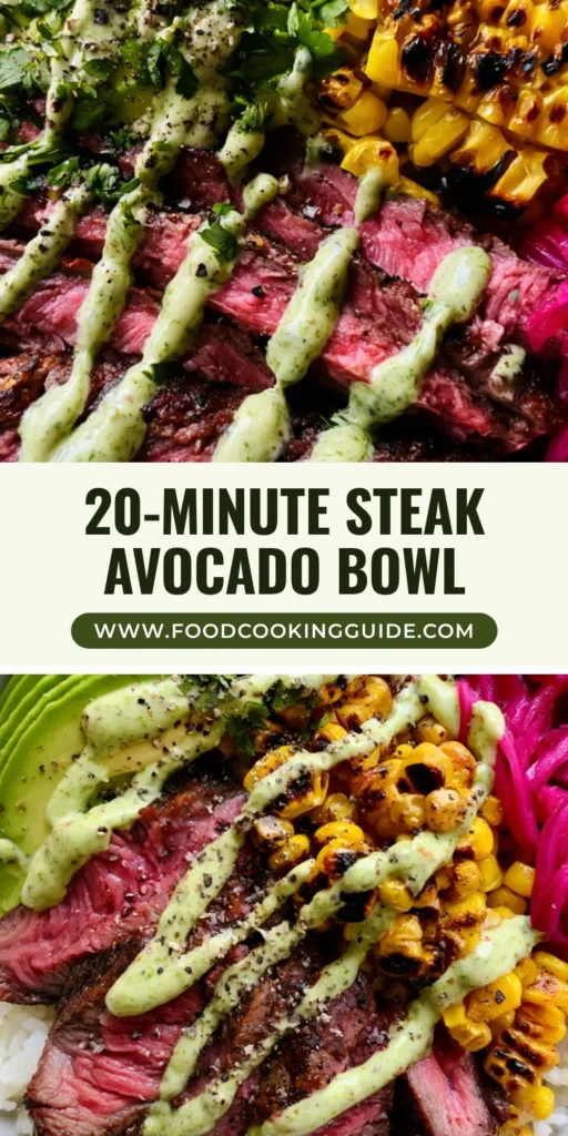 A top-down close-up photo of a white ceramic Steak and Avocado Bowl featuring sliced sirloin, charred corn, and a zig-zag of cilantro cream sauce.