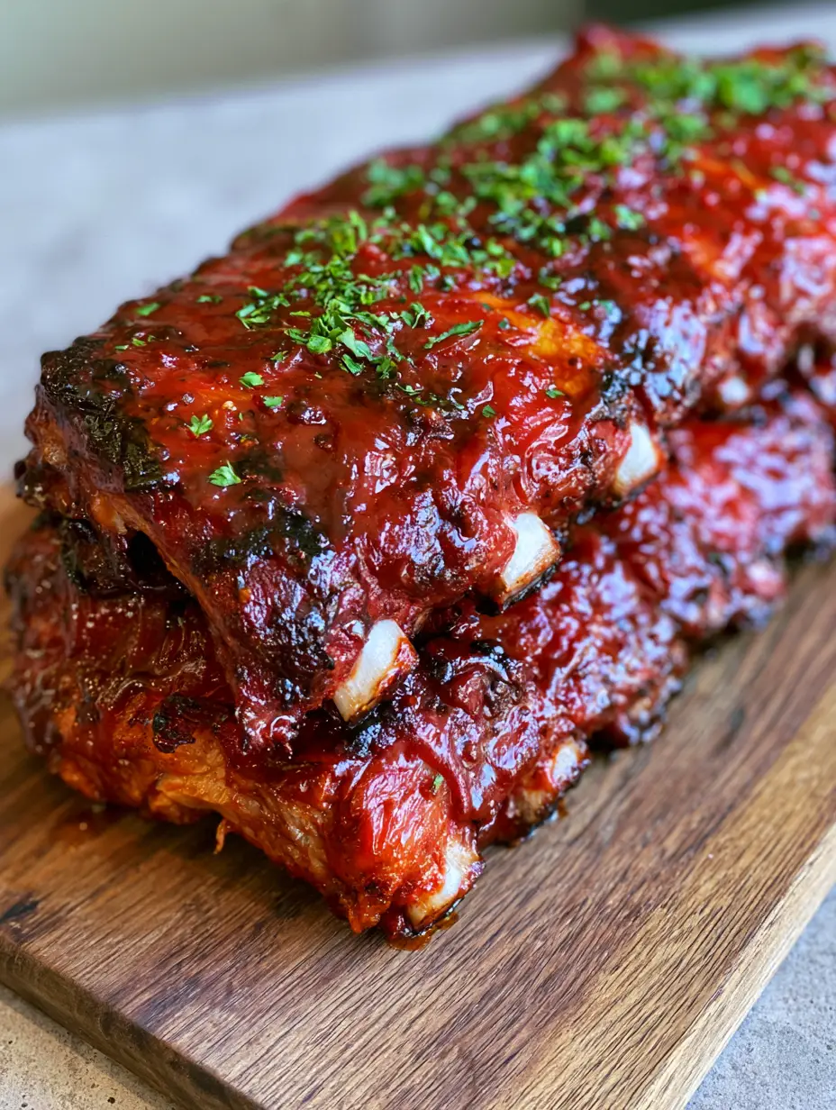 Close up of Slow Cooker BBQ Ribs showing tender meat pulling away from clean white bone ends.