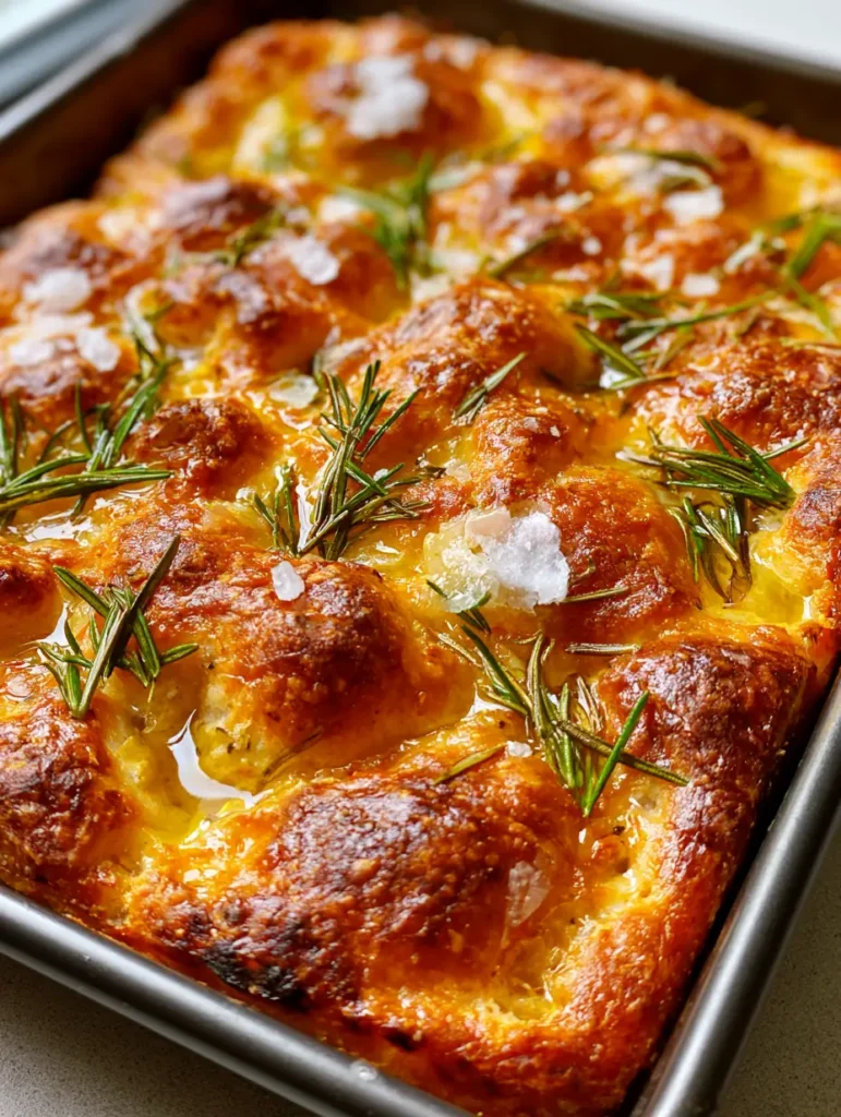 High-detail shot of the toasted amber surface of a sourdough discard focaccia bread with crystalline sea salt flakes.