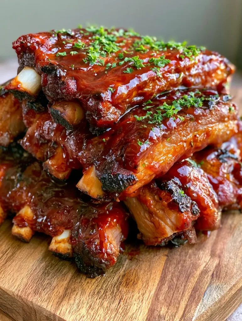 A stack of mahogany-red Slow Cooker BBQ Ribs with visible char marks and parsley garnish.
