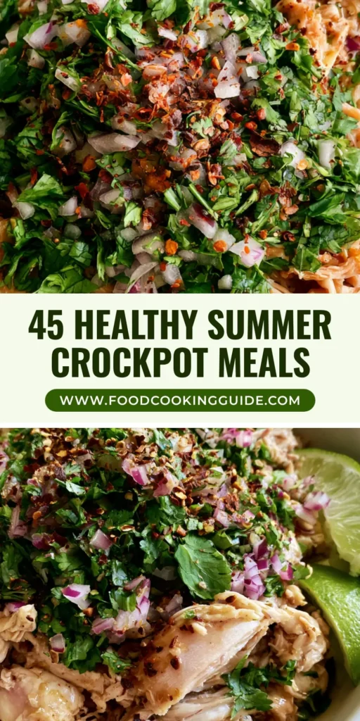 A shallow white bowl of glistening honey lime shredded chicken topped with red onion and cilantro. (Healthy Summer Crockpot Recipes)