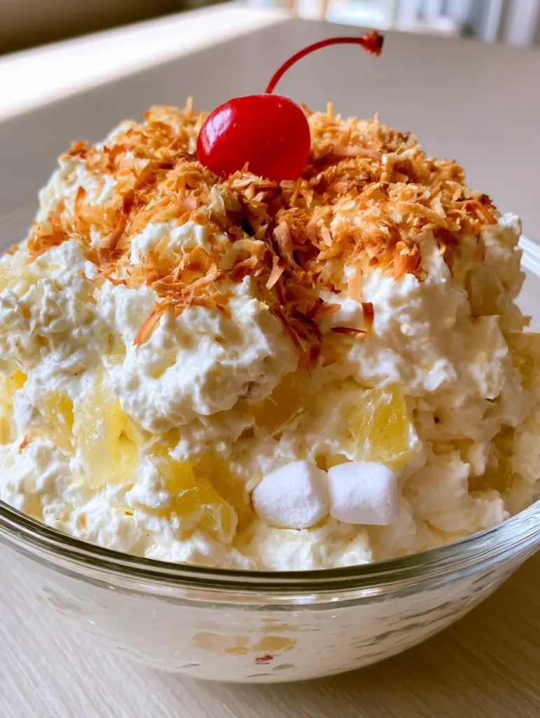 Close-up of Hawaiian Pineapple Coconut Fluff showing translucent pineapple and airy whipped texture.