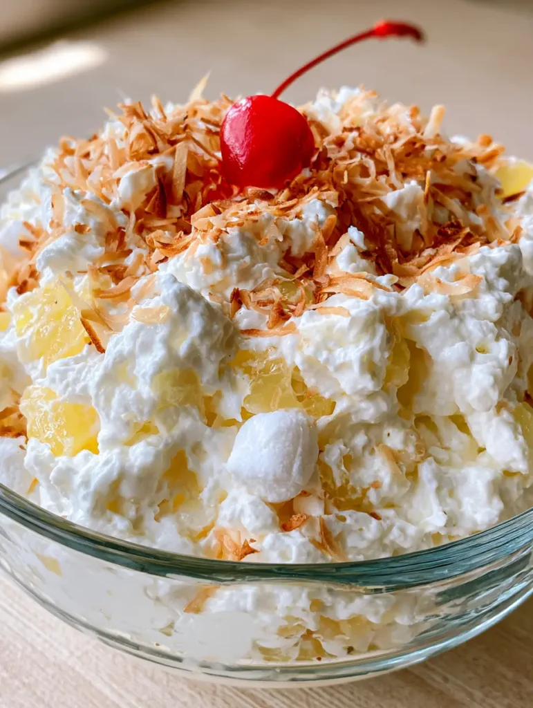 Hawaiian Pineapple Coconut Fluff: The Ultimate Creamy Tropical Cloud Dessert 1 Hawaiian Pineapple Coconut Fluff on a wooden table in natural daylight with golden-brown toasted coconut.