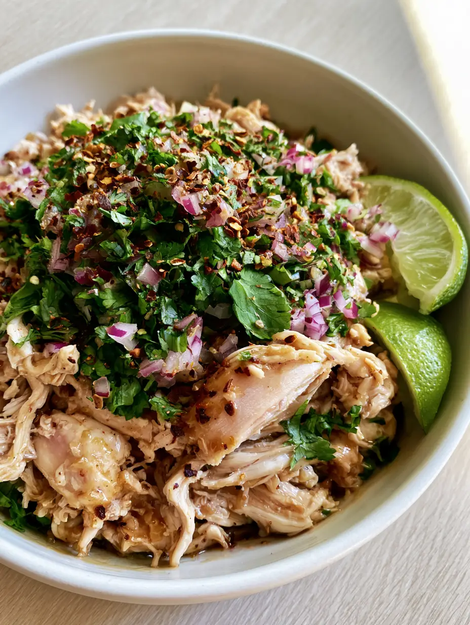 Top-down view of shredded chicken with a translucent glaze and fresh herbs in a white bowl. (Healthy Summer Crockpot Recipes)