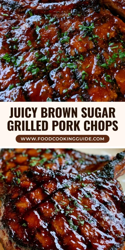 Two thick bone-in Brown Sugar Grilled Pork Chops on a cream plate with cross-hatch char marks and glossy glaze.