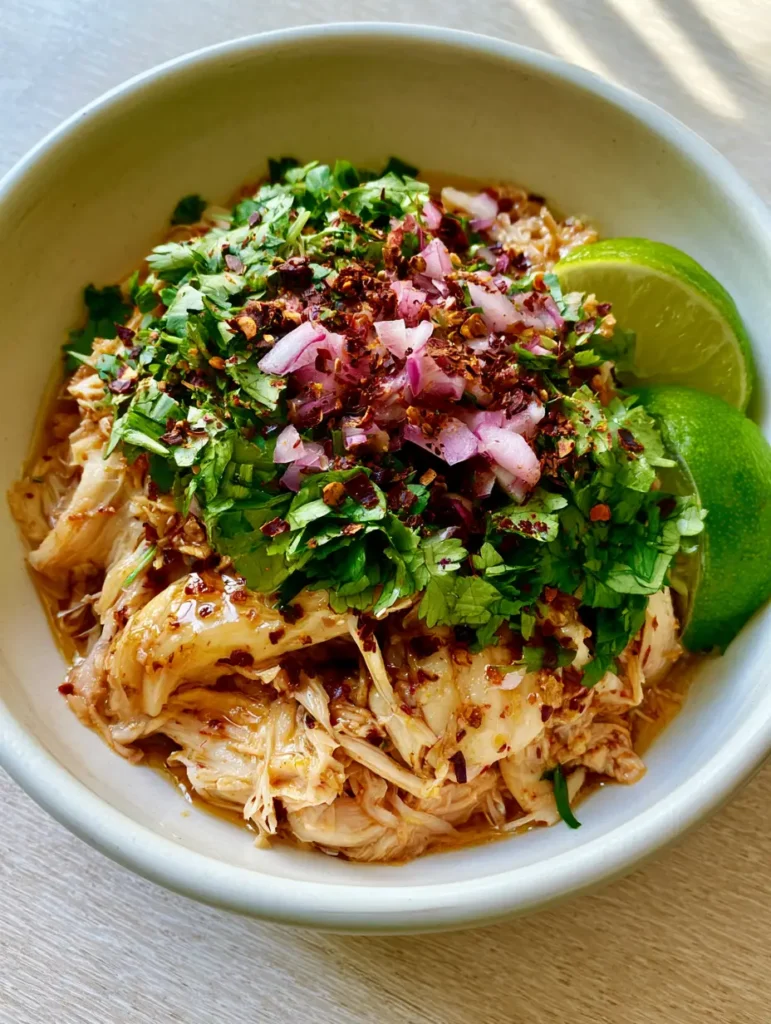 Close-up of shredded chicken topped with vibrant purple red onions and green cilantro.