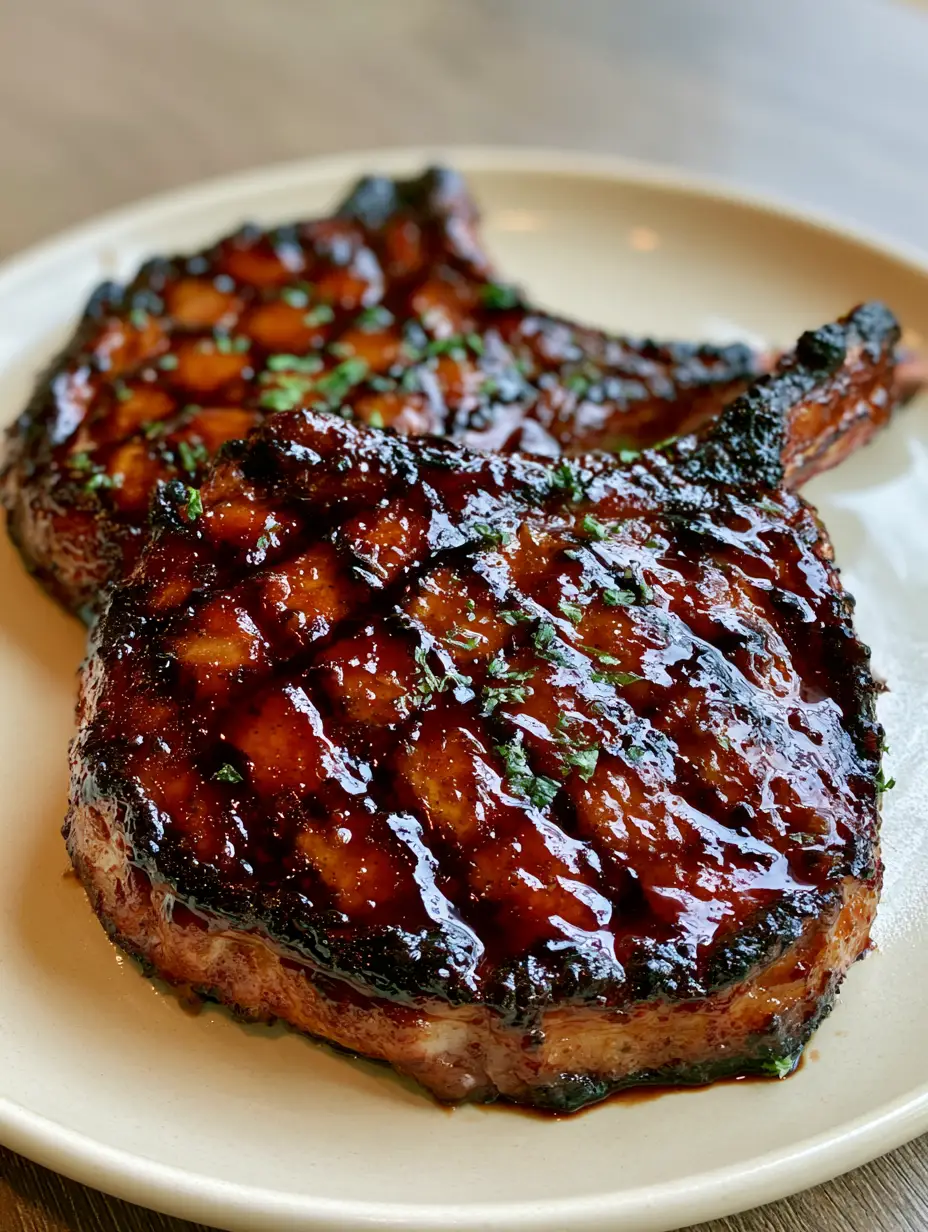 Close-up handheld photo of Brown Sugar Grilled Pork Chops showing deep char marks and sticky glaze.