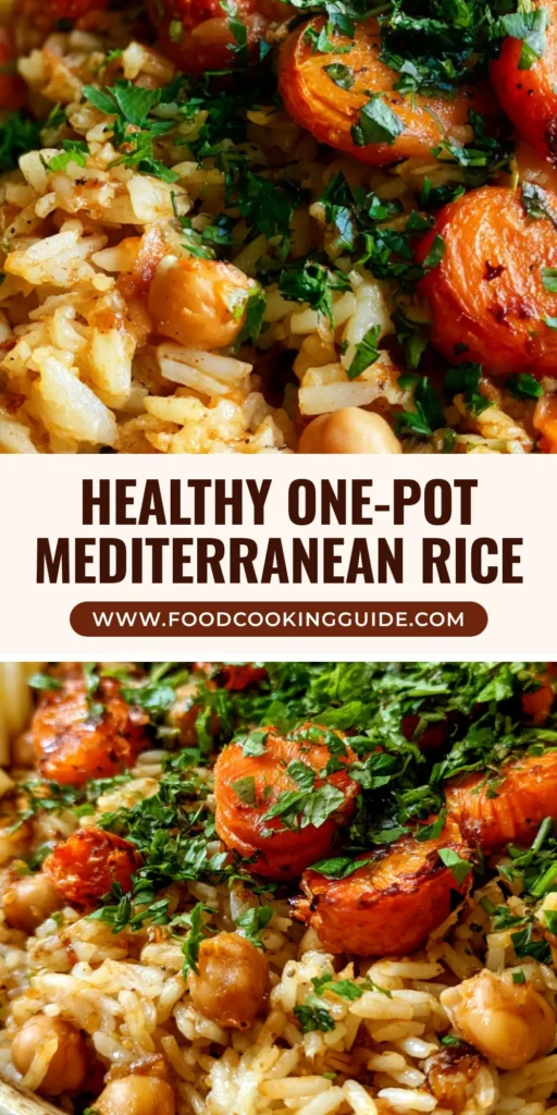 A shallow ceramic bowl filled with golden Mediterranean Rice and Beans, topped with caramelized roasted carrots, fresh parsley, and lemon wedges.