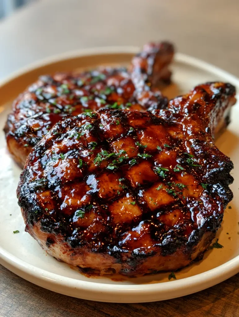 Brown Sugar Grilled Pork Chops garnished with parsley on a neutral wooden tabletop background.