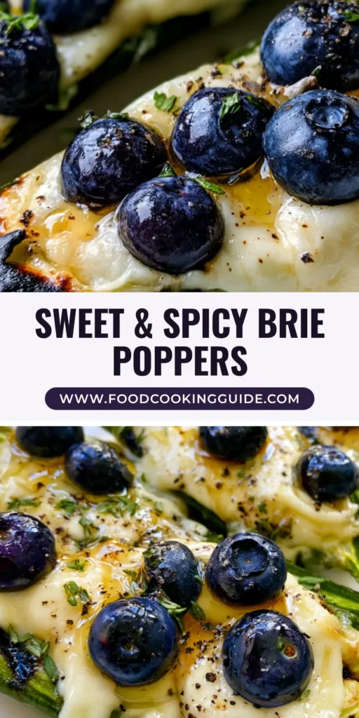 A flat white plate featuring Blueberry Brie Jalapeño Poppers with charred skins, gooey cheese, and fresh blueberries.