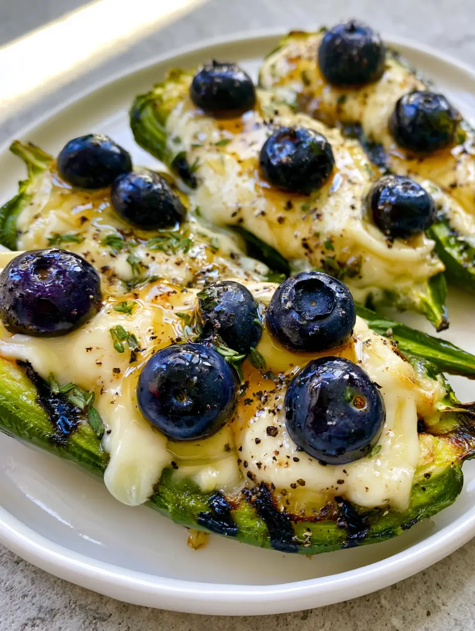 Close up photo of roasted Blueberry Brie Jalapeño Poppers showing charred skin and melted cheese.