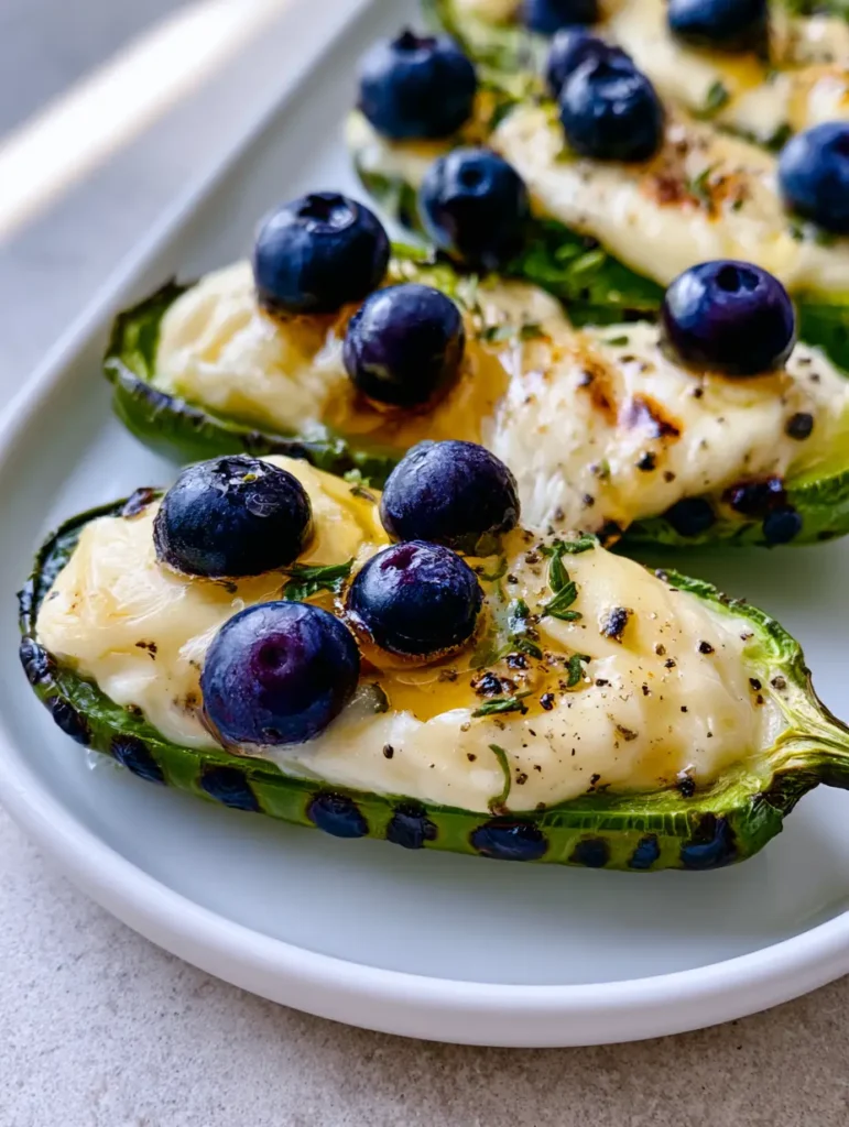 Garnished Blueberry Brie Jalapeño Poppers with fresh thyme and honey drizzle.