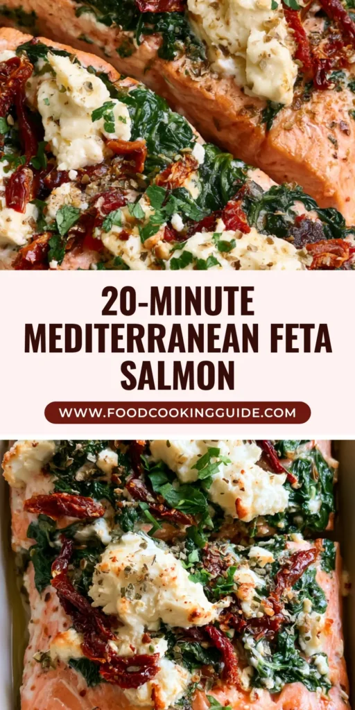A top-down shot of two thick Mediterranean Baked Salmon fillets in a white dish, layered with spinach, sun-dried tomatoes, and feta cheese chunks.