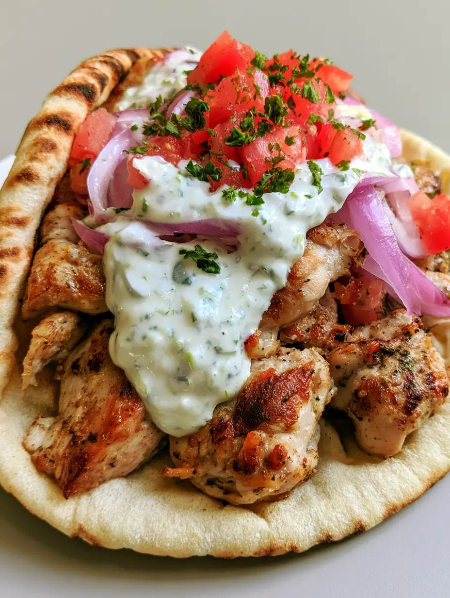 Handheld photo of a Greek Chicken Gyro featuring juicy chicken with golden-brown seared edges and vibrant red onion. (Greek Chicken Gyros)
