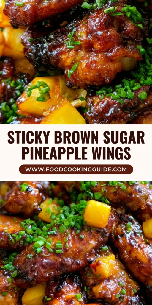 A pile of Brown Sugar Pineapple Wings on a dark grey ceramic plate, featuring a thick mahogany glaze, square-cut pineapple chunks, and chopped green scallions.