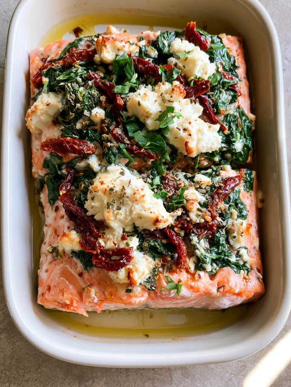 Close-up of pink salmon fillets baked with wilted spinach, dark red sun-dried tomatoes, and dried oregano flakes. (Mediterranean Baked Salmon)