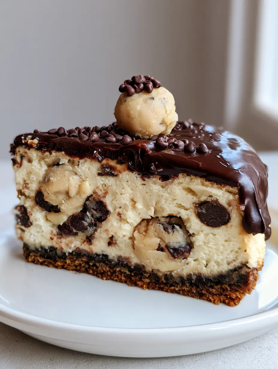 A handheld close-up photo of a Cookie Dough Cheesecake slice showing the ivory filling and cookie dough chunks.