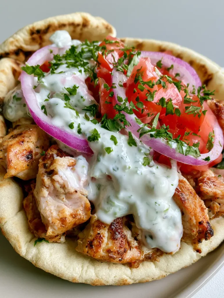 A smartphone photo of a Greek Chicken Gyro with thick white tzatziki and diced fresh tomatoes on a neutral background.