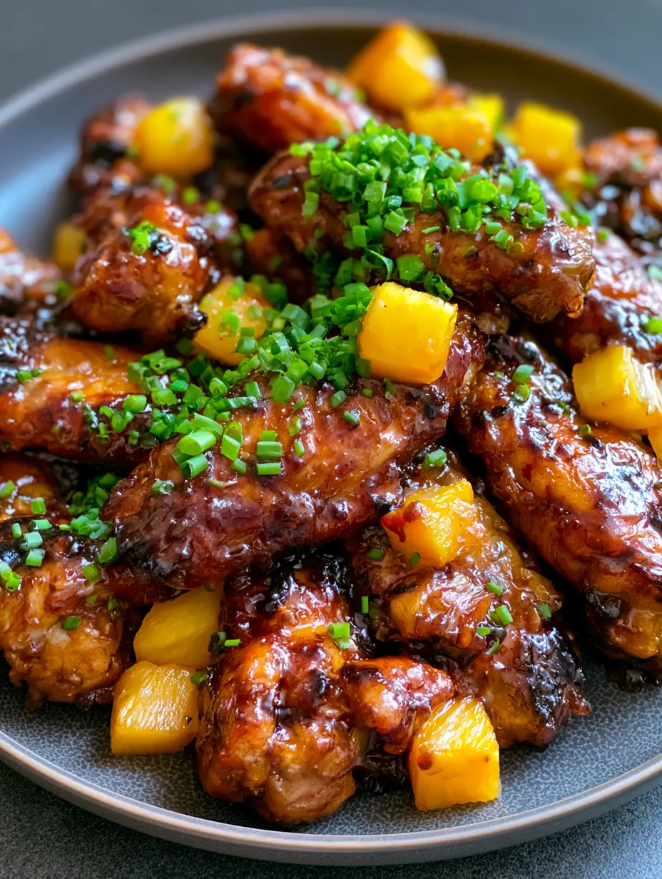 Close-up handheld smartphone photo of Brown Sugar Pineapple Wings showing the glossy texture and charred edges.