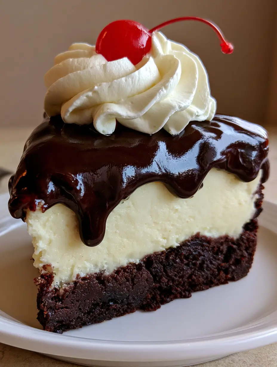 A close-up side view of Hot Fudge Sundae Brownie Cheesecake showing the distinct dense chocolate and smooth white vanilla layers.