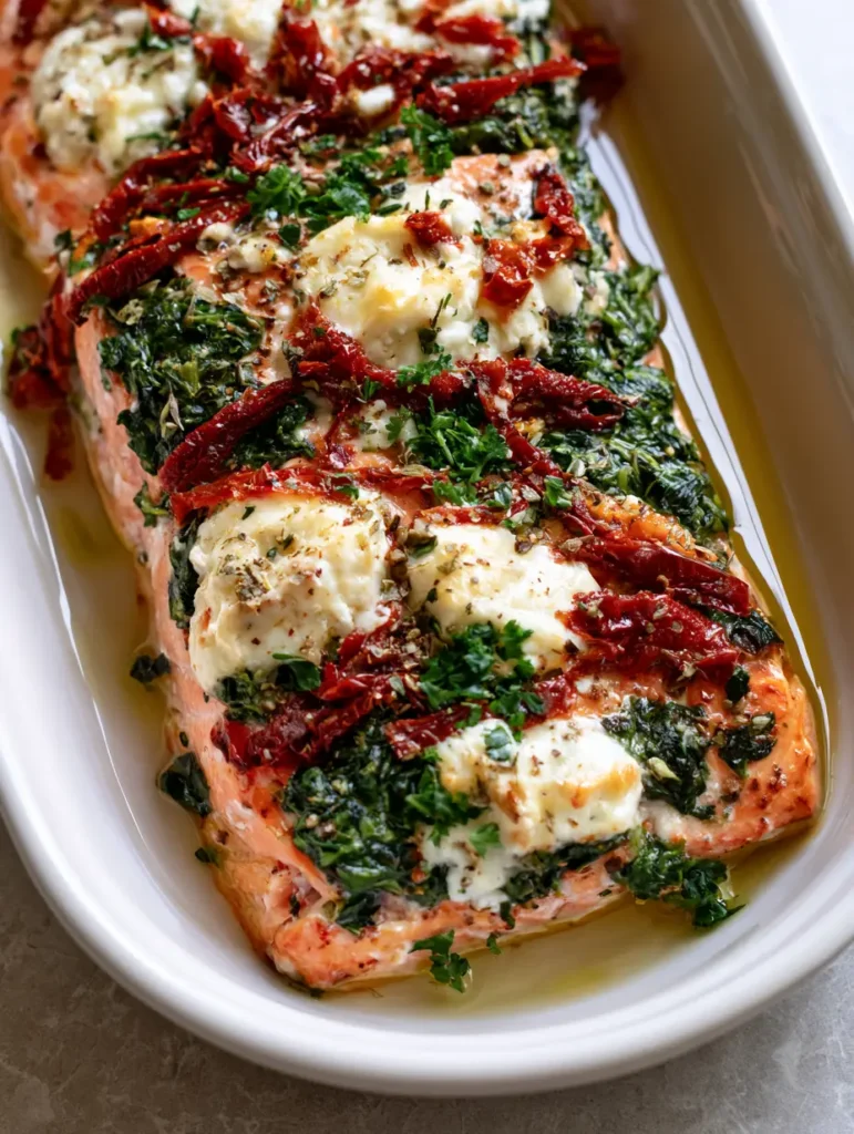 Overhead view of a ceramic dish containing Mediterranean Baked Salmon topped with large white chunks of feta cheese and fresh parsley.