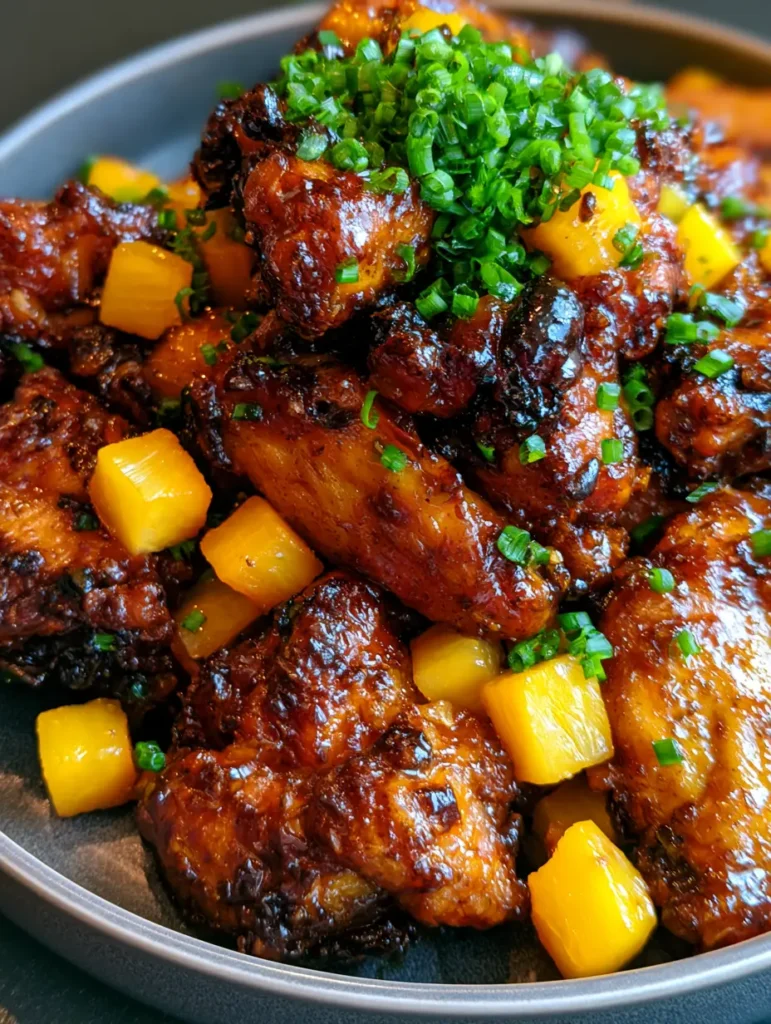 A pile of chicken wings with bright yellow square-cut pineapple chunks and vibrant green scallions on a dark plate.