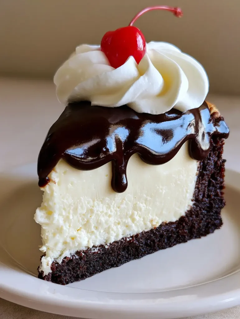 A handheld smartphone photo of Hot Fudge Sundae Brownie Cheesecake with glossy fudge and a stiff whipped cream swirl.