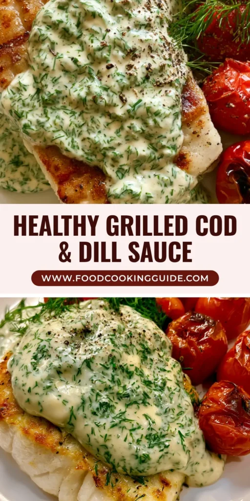 A handheld smartphone photo of grilled cod with creamy dill sauce, featuring golden-brown sear marks and blistered cherry tomatoes on a white ceramic plate.