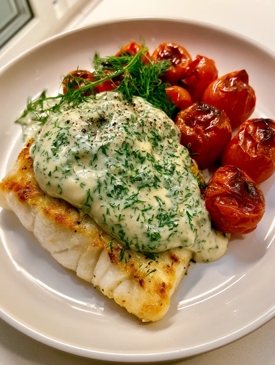 High-angle view of Grilled Cod with Creamy Dill Sauce showing the thick opaque sauce and feathery dill sprigs.