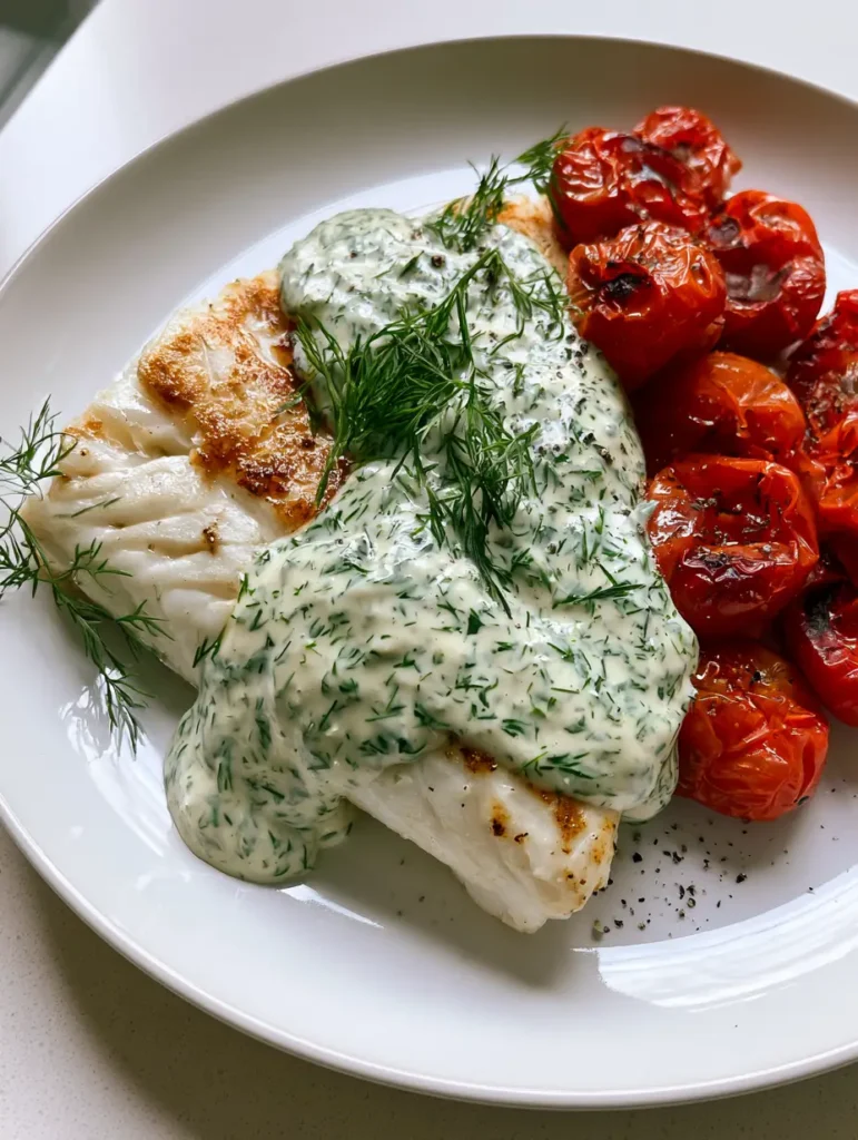 Close up of charred, blistered cherry tomatoes served with Grilled Cod with Creamy Dill Sauce.