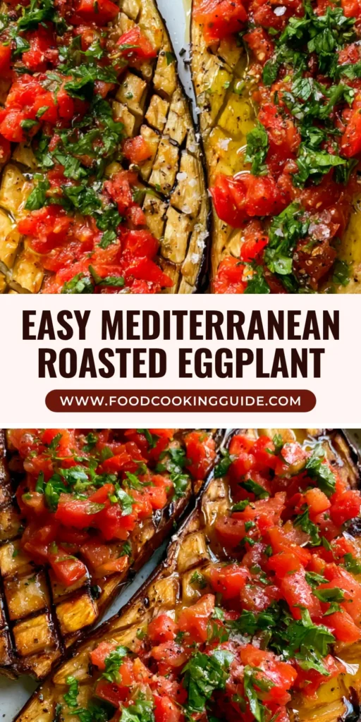Mediterranean Roasted Eggplant with Garlic and Fresh Tomato Topping 3 Top-down view of two Mediterranean Roasted Eggplant halves with diamond scores and tomato parsley topping.